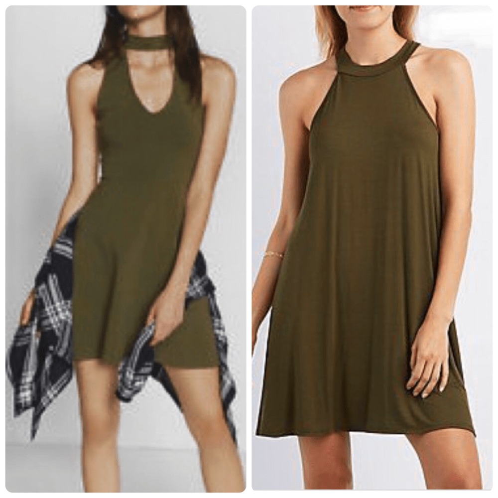 Olive green sleeveless chocker neck swing dress Sm